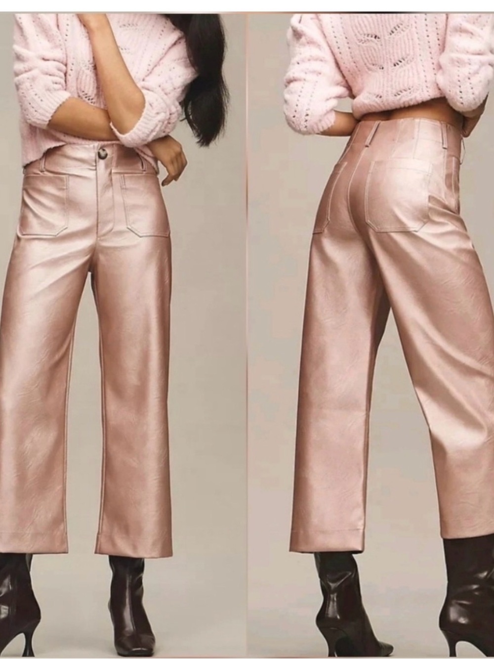 Anthropologie Maeve Metallic Rose Gold Wide-Leg Cropped Faux Leather Pants